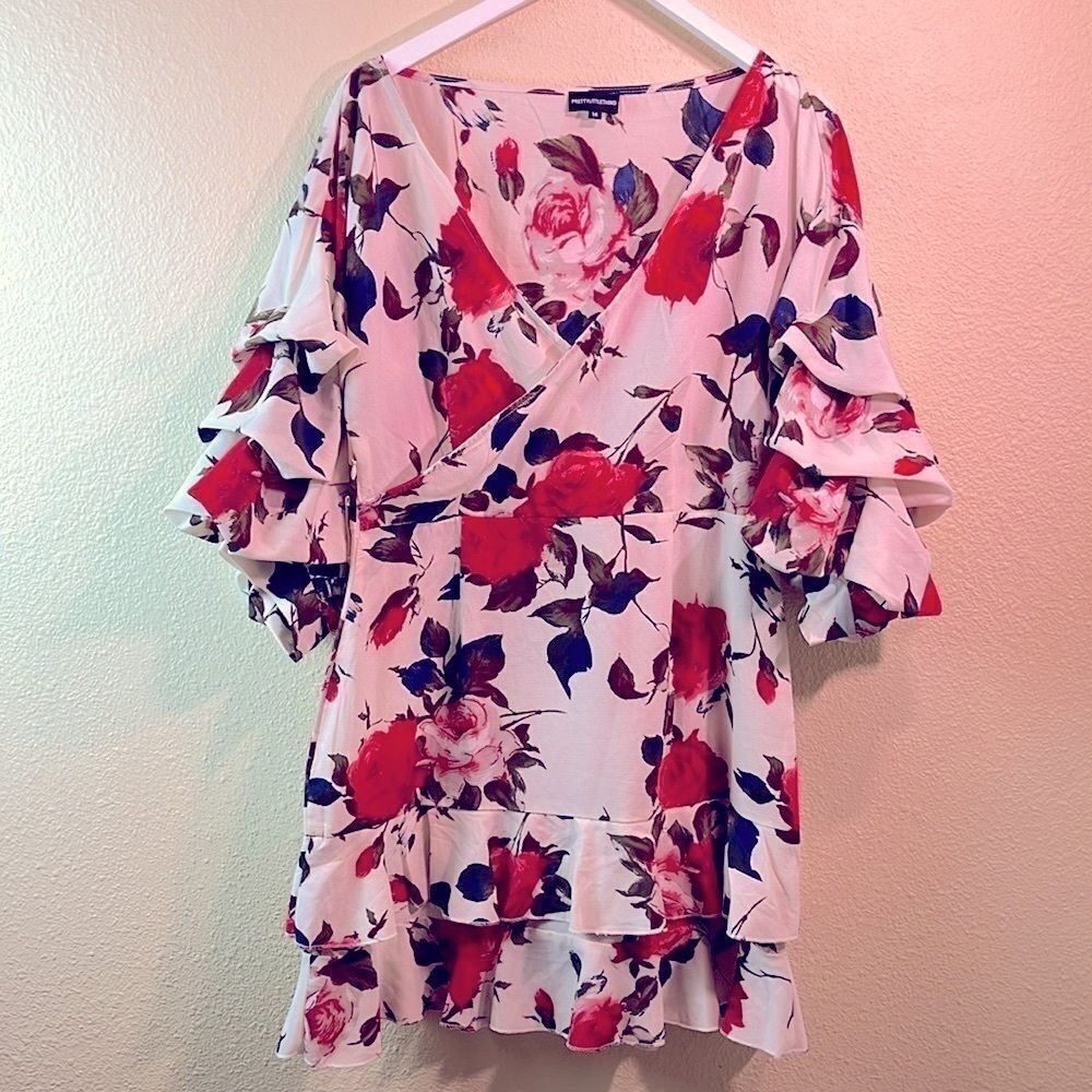 Pretty Little Thing Ruffle red rose floral faux wrap mini dress size 14